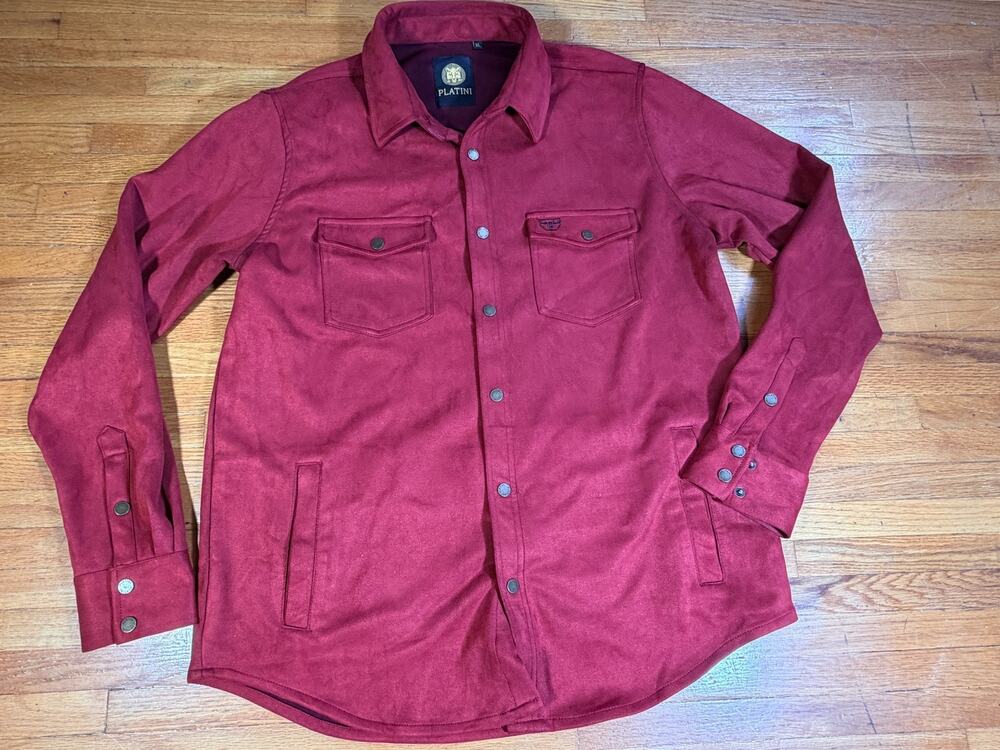 Platini Men’s XL Burgundy Red Suede-Style Snap Shirt Jacket Western